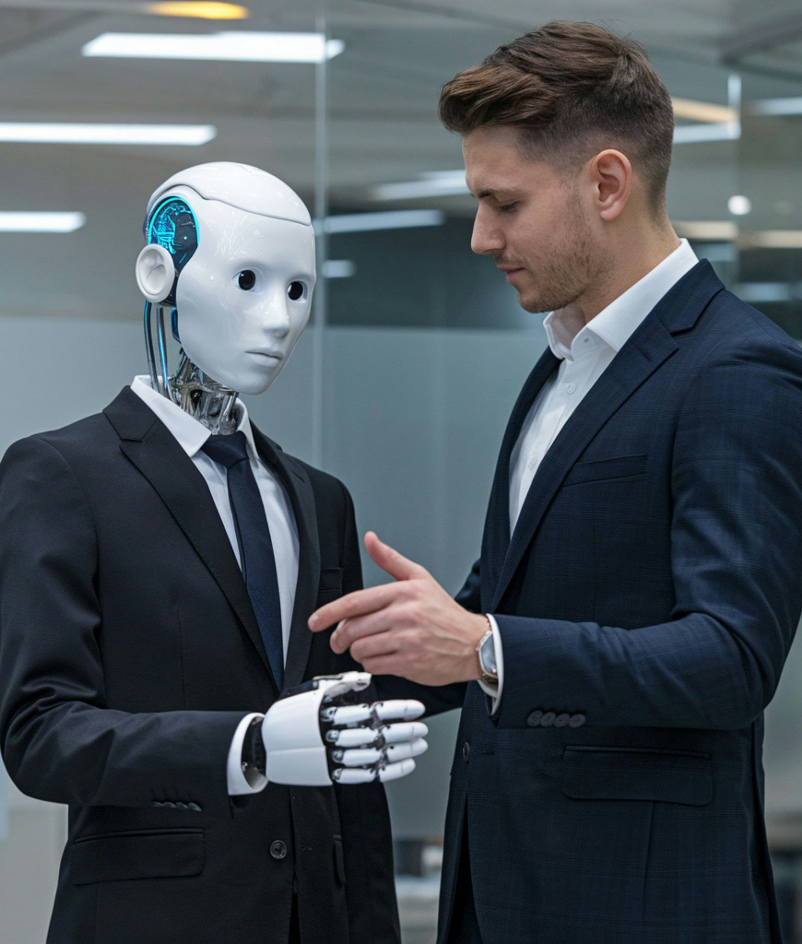 Technology professional shaking hands with an AI robot, representing human and AI collaboration in modern tech teams